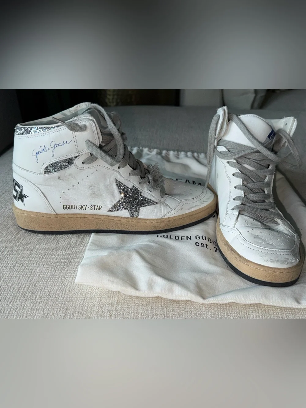 Golden Goose Cream High-Top Sneakers with Silver Glitter Star Accent - Picture 3 of 7